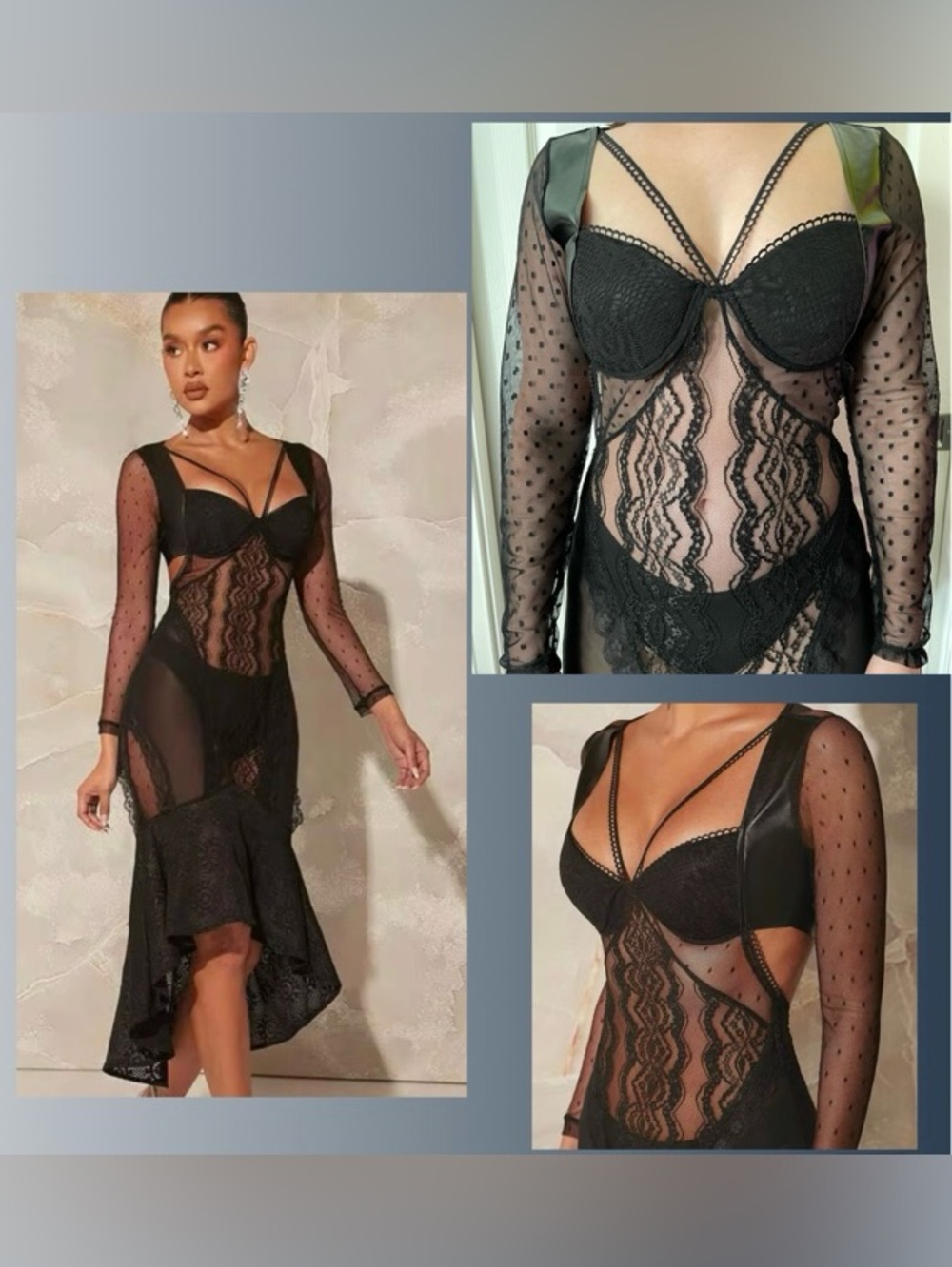 Mesh Long Sleeve Lace Open back Ruffle Trumpet High Low Dress